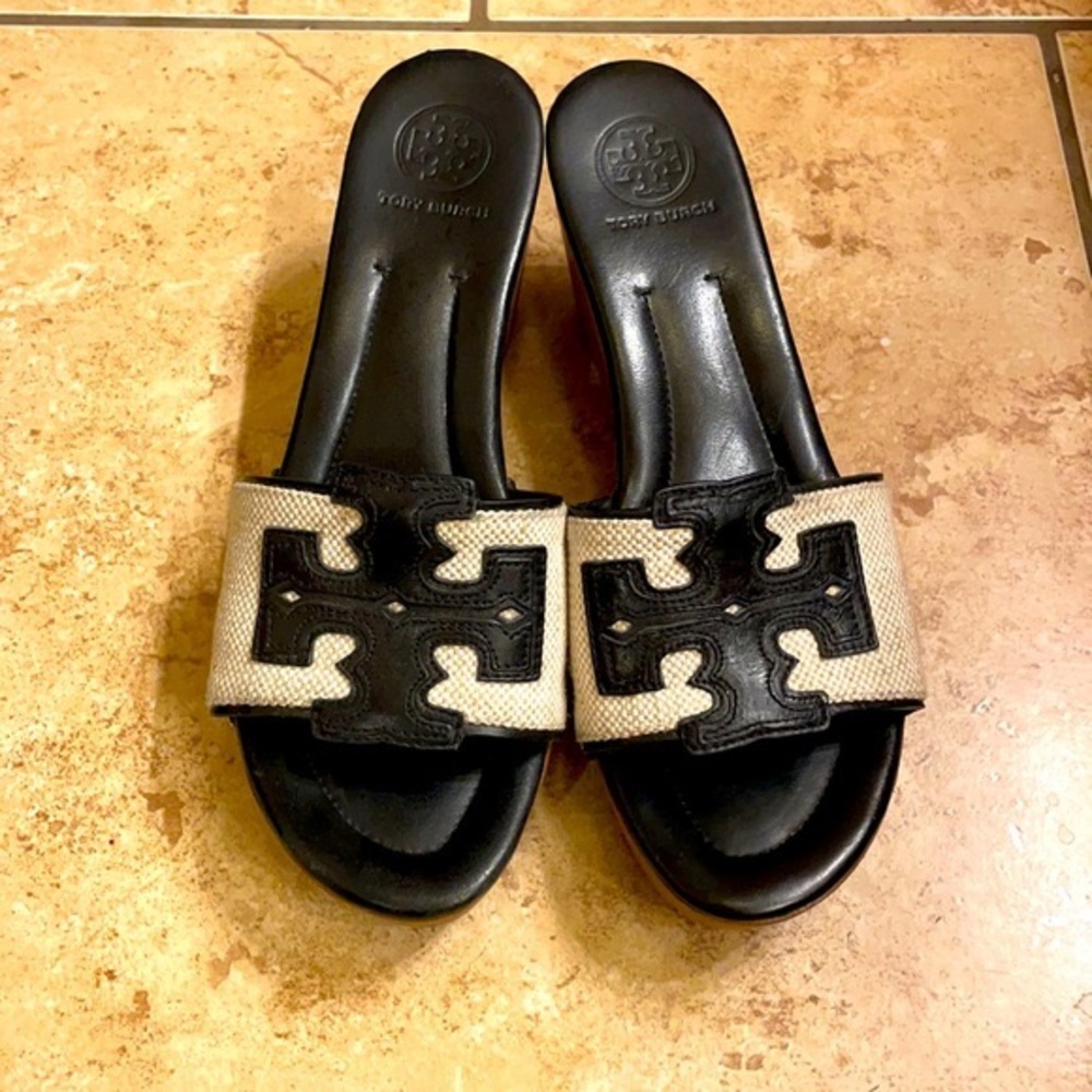 Tory Burch Canvas and Leather Wedge Sandal